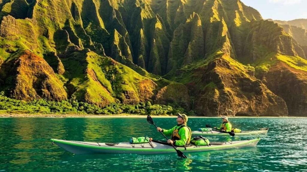 Kayaker paddling along the base of Kauai's towering Nā Pali Coast sea cliffs in turquoise Pacific waters