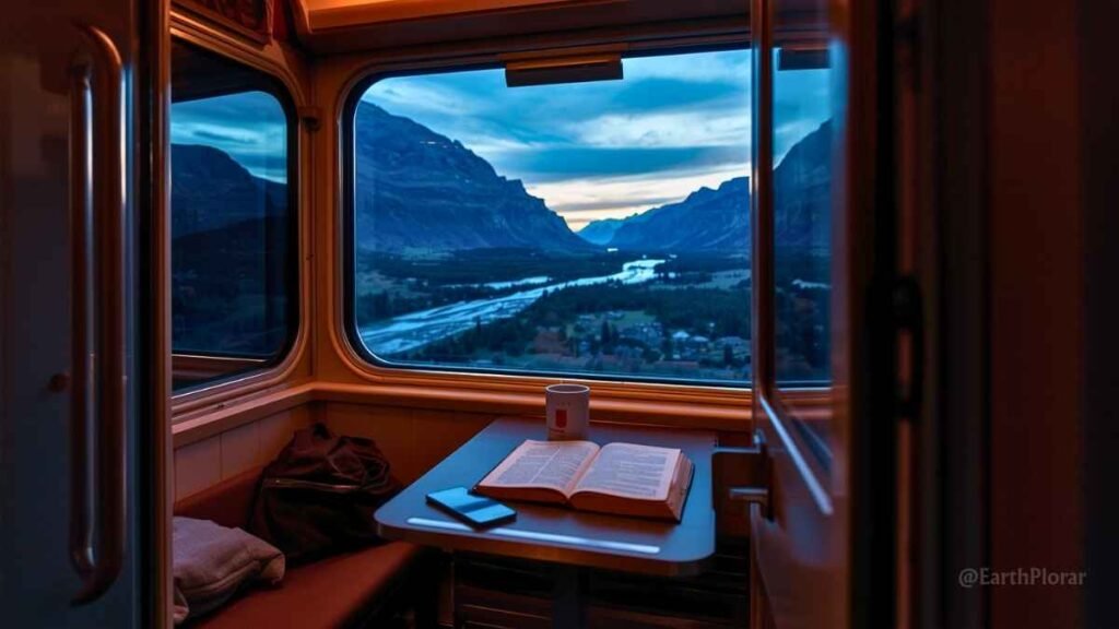 Low-carbon coolcation travel 2026 – scenic overnight train through mountain landscape, sustainable eco travel