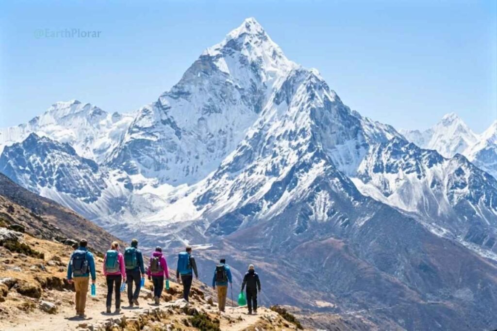 Mount Everest, the highest of the 7 natural wonders of the world, towering over the Himalayas.