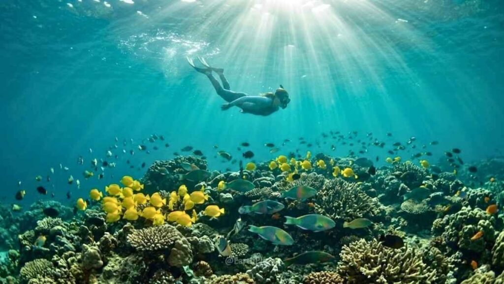 Snorkeler hovering above a vibrant coral reef inside Molokini Crater, Maui, with tropical fish visible below