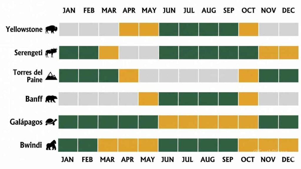 Seasonal guide infographic showing the best times to visit top national parks in the world throughout the year