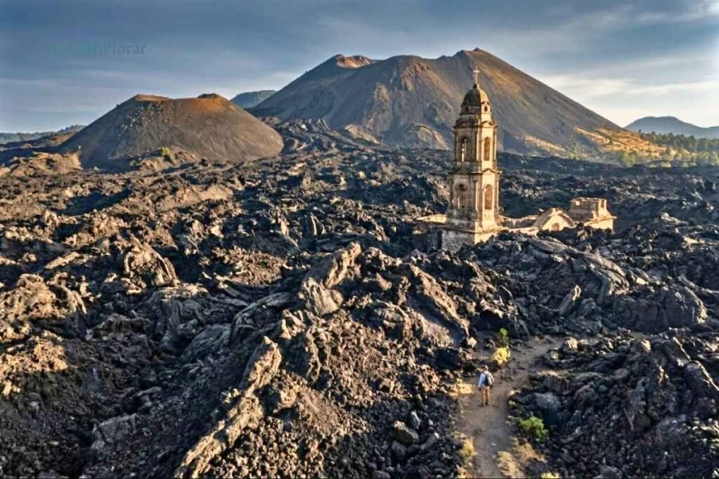 The ruins of a church buried by Parícutin Volcano, part of the 7 natural wonders of the world.