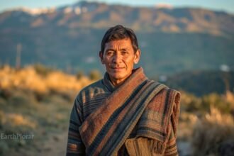 A dignified portrait of an indigenous guide standing in their ancestral landscape wearing traditional clothing
