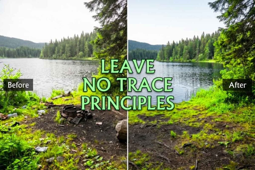 A pristine wilderness lakeside campsite demonstrating Leave No Trace principles during an adventure trip.