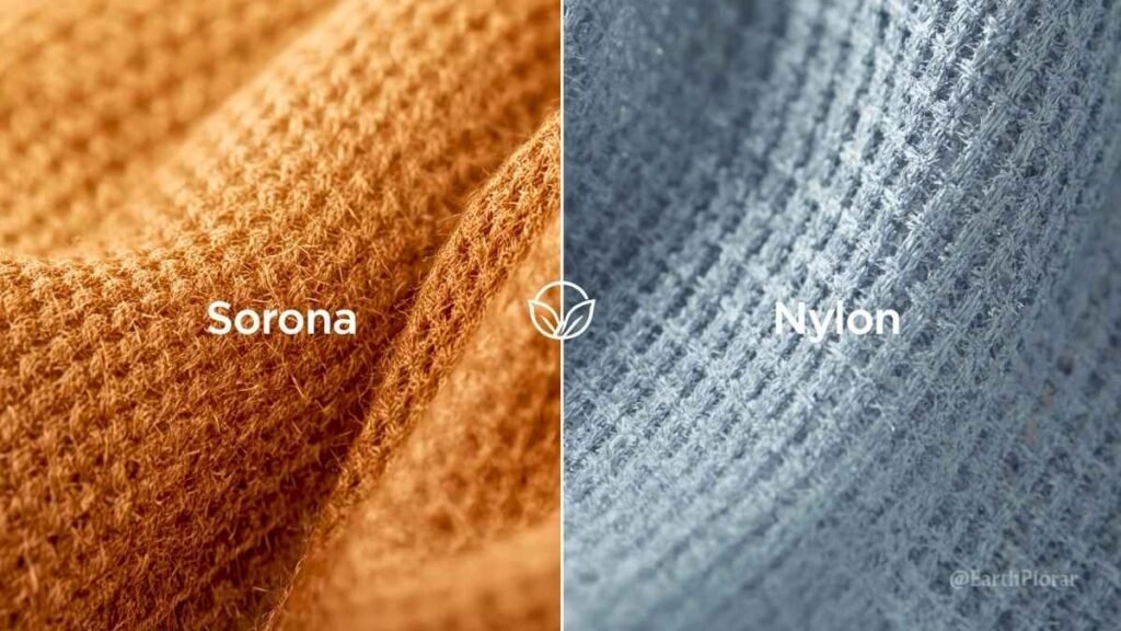 Side-by-side comparison of biodegradable backpack fabric and conventional nylon under microscope, 2026 sustainable hiking gear.