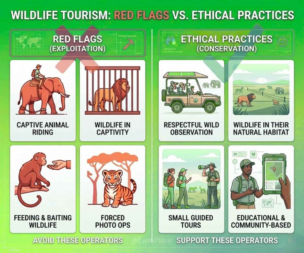 Infographic showing red flags in ethical wildlife tourism like chained animals or forced photo ops.