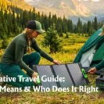 Hikers using sustainable solar gear during a regenerative travel expedition in a lush green mountain landscape.