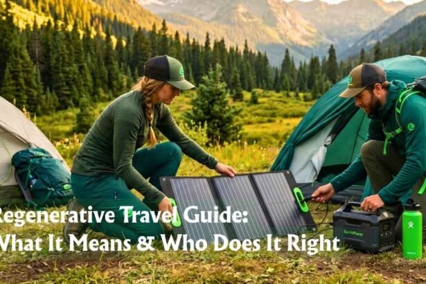 Hikers using sustainable solar gear during a regenerative travel expedition in a lush green mountain landscape.