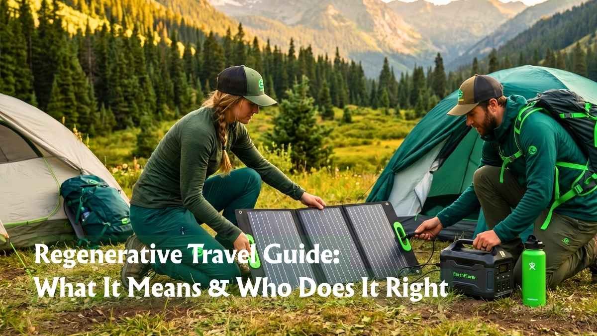 Hikers using sustainable solar gear during a regenerative travel expedition in a lush green mountain landscape.