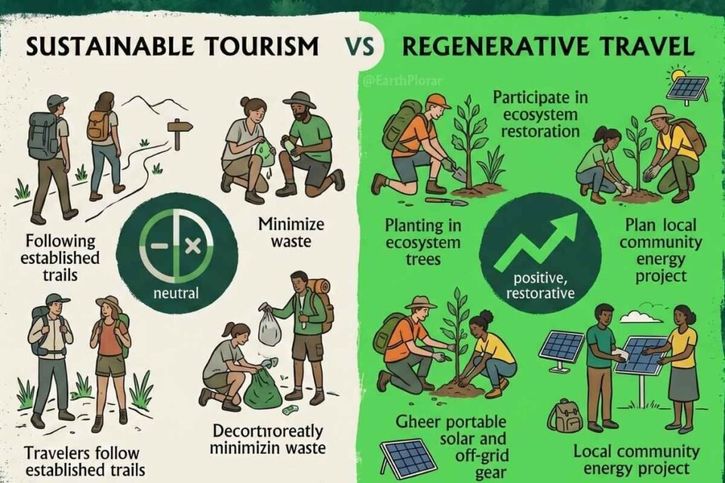Infographic comparing sustainable tourism to regenerative travel, highlighting positive impact and off-grid solar solutions.