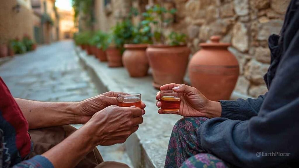 A traveller and elderly local woman share tea on a doorstep in a quiet village, a moment of respectful heritage tourism connection.
