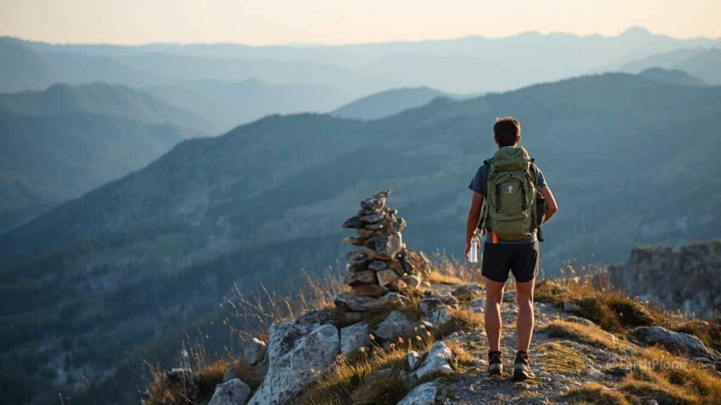 Solo hiker on a sustainable national park trail carrying eco gear, surrounded by pristine wilderness and mountain scenery