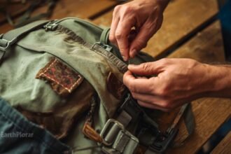A traveller carefully repairing a worn hiking pack at a workbench — sustainable outdoor gear care and responsible travel