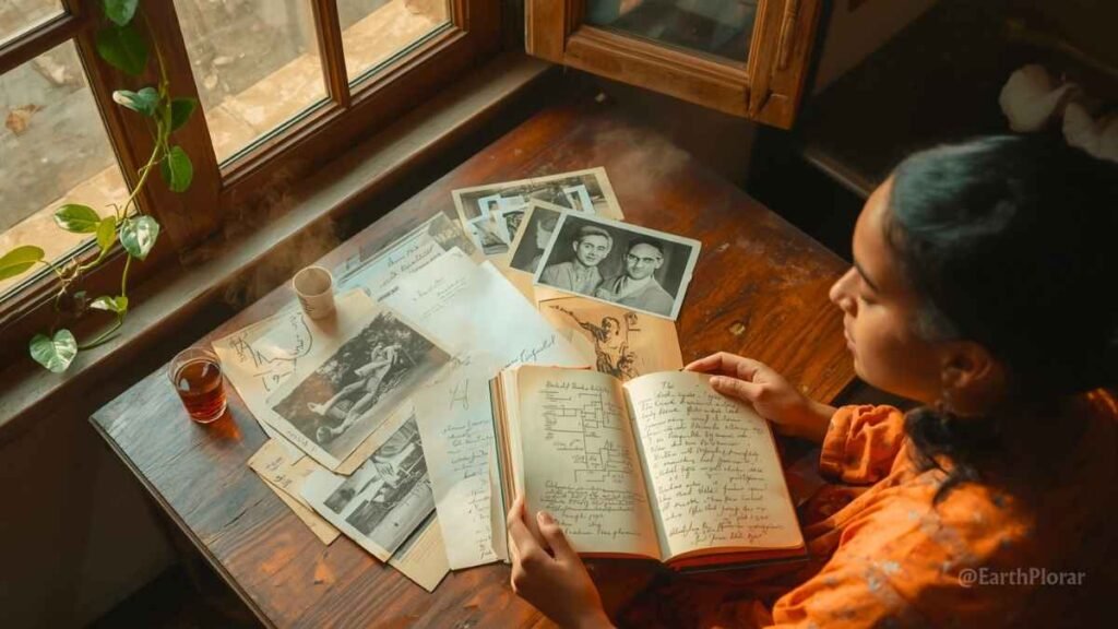 A traveller at a wooden desk surrounded by genealogy records, old photographs, and a journal, planning roots travel heritage tourism research.