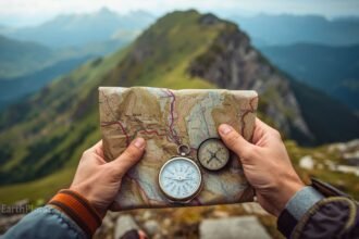 Weathered hands holding a topographic map and compass on a mountain ridgeline with vast wilderness stretching behind