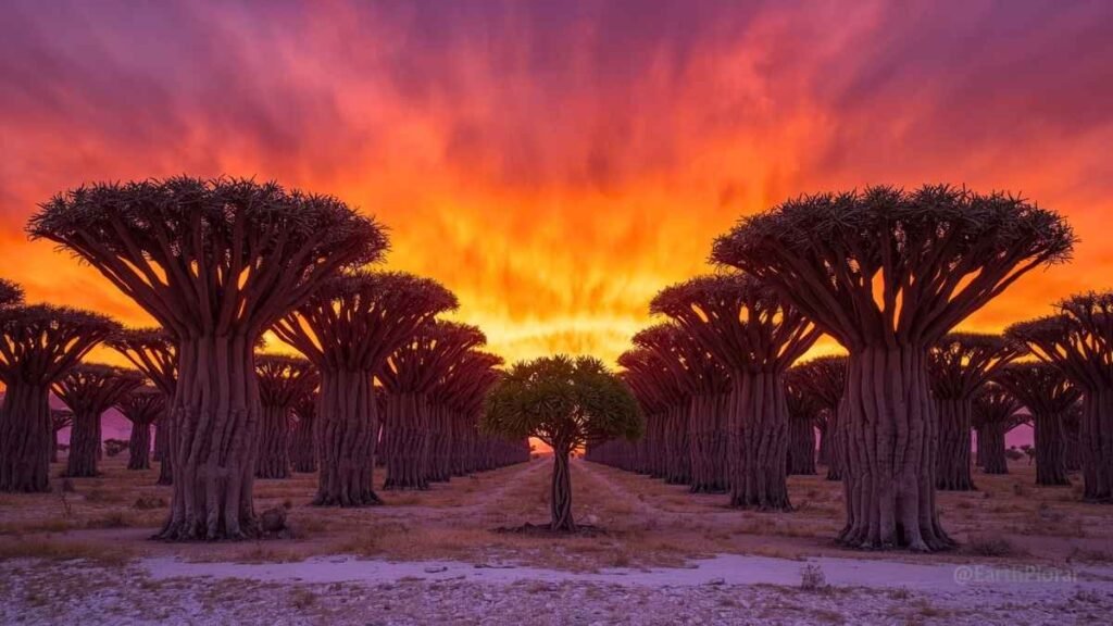 Alien landscape of Socotra Island showing Dragon Blood Trees against a vivid orange sunset sky — one of the Best Undiscovered Travel Destinations to explore.
