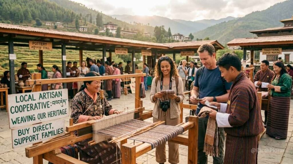 Traveler purchasing handmade sustainable crafts directly from a local artisan at an outdoor market.