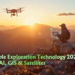 Sustainable exploration technology 2026 with drones, AI, and satellites in pristine natural landscape