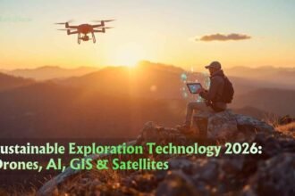 Sustainable exploration technology 2026 with drones, AI, and satellites in pristine natural landscape