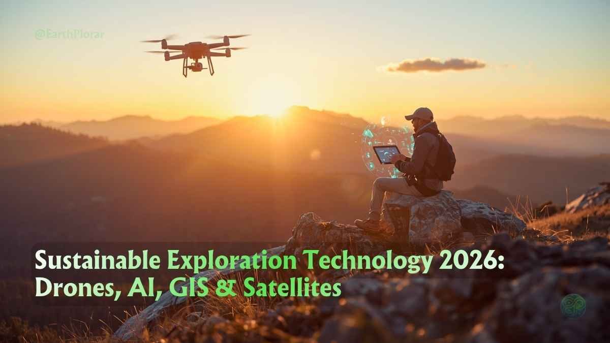 Sustainable exploration technology 2026 with drones, AI, and satellites in pristine natural landscape