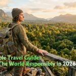 Responsible traveller with a reusable backpack overlooking a lush rainforest valley at golden hour featuring Sustainable Travel Guide 2026: Explore The World Responsibly.