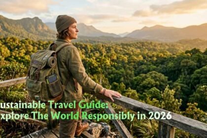 Responsible traveller with a reusable backpack overlooking a lush rainforest valley at golden hour featuring Sustainable Travel Guide 2026: Explore The World Responsibly.