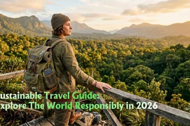 Responsible traveller with a reusable backpack overlooking a lush rainforest valley at golden hour featuring Sustainable Travel Guide 2026: Explore The World Responsibly.