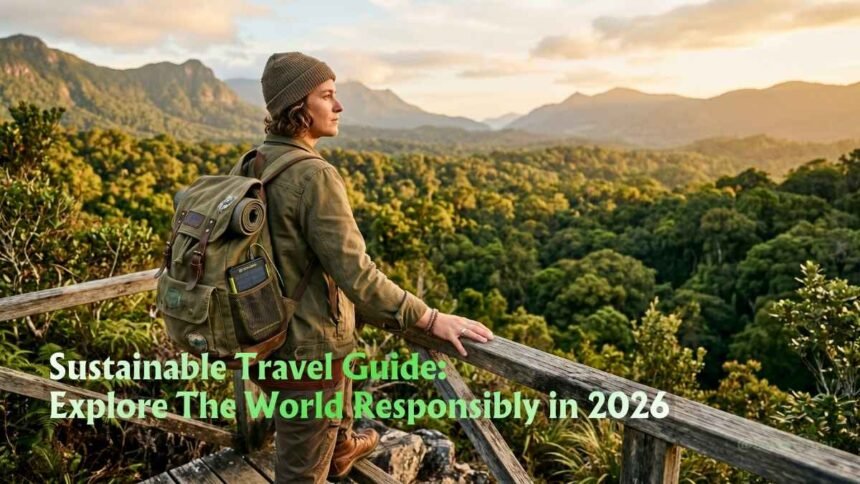 Responsible traveller with a reusable backpack overlooking a lush rainforest valley at golden hour featuring Sustainable Travel Guide 2026: Explore The World Responsibly.