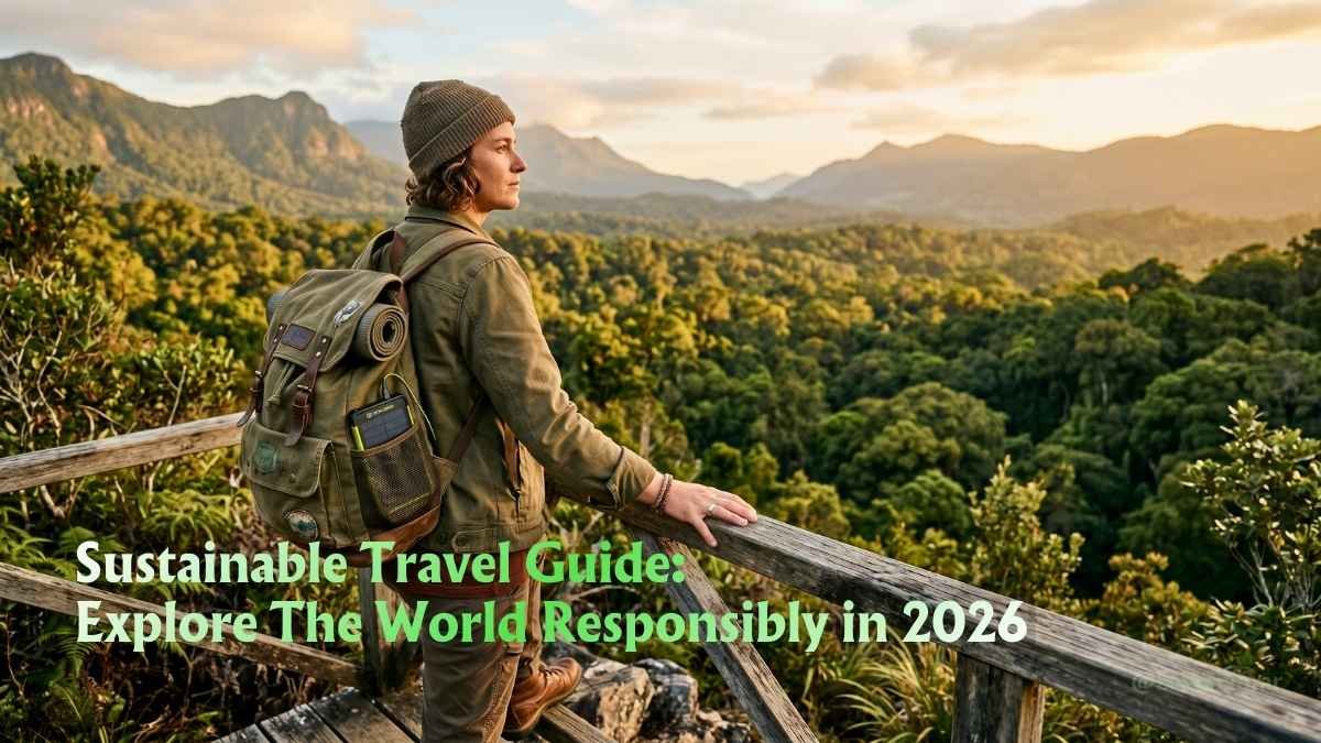 Responsible traveller with a reusable backpack overlooking a lush rainforest valley at golden hour featuring Sustainable Travel Guide 2026: Explore The World Responsibly.