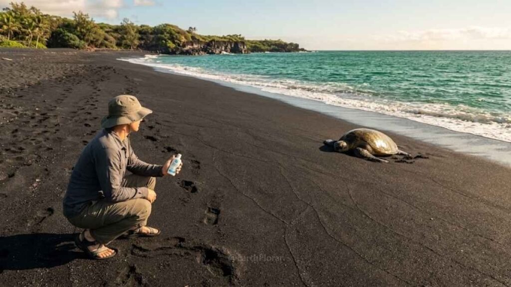 Traveler observing a Hawaiian green sea turtle (honu) resting on a black sand beach from a respectful distance