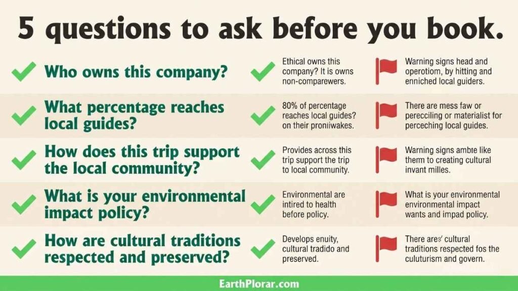 Infographic showing five key questions to ask a heritage tourism operator before booking, with green checkmarks and red flags illustrated.