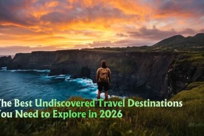 A lone traveller stands on a misty cliff edge overlooking one of the best Undiscovered Travel Destinations at golden hour