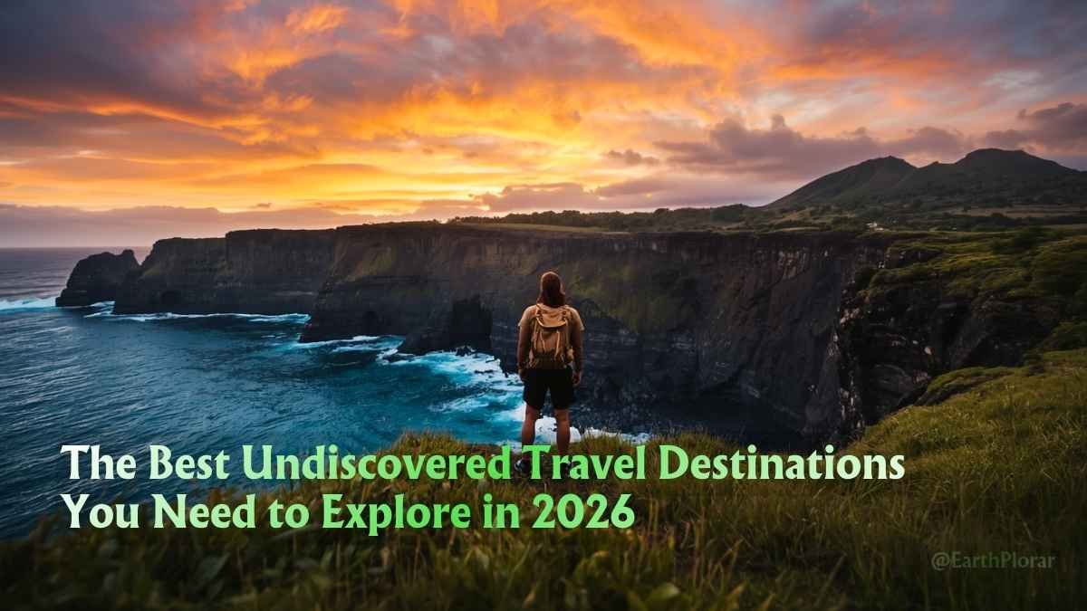 A lone traveller stands on a misty cliff edge overlooking one of the best Undiscovered Travel Destinations at golden hour
