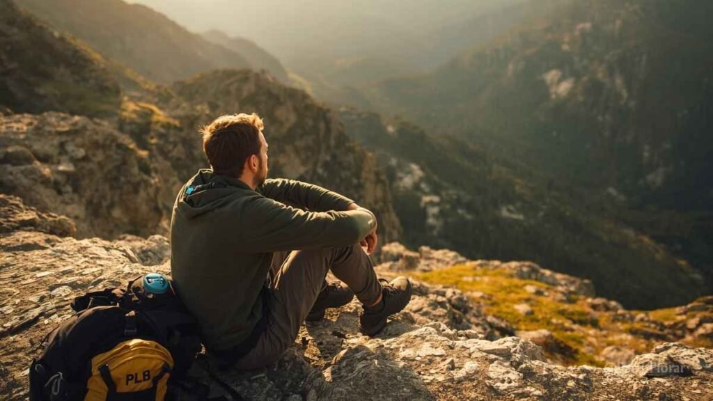 Solo hiker sitting calmly at mountain overlook with survival gear, embodying the wilderness survival mindset and outdoor preparedness