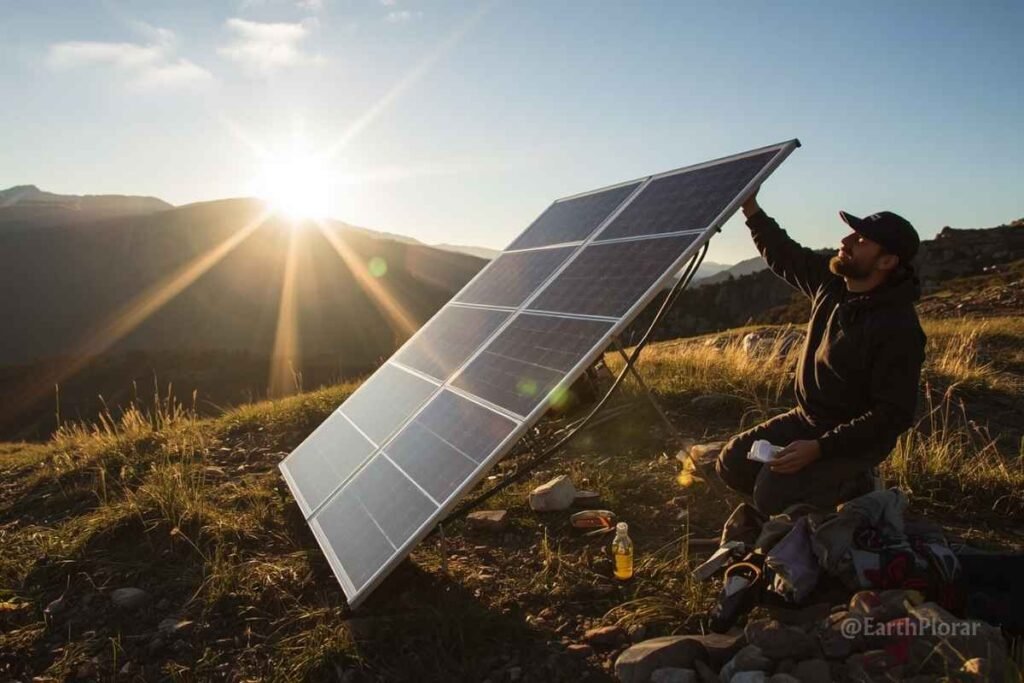 Portable solar panels for off-grid travel angled optimally in sunny wilderness setting