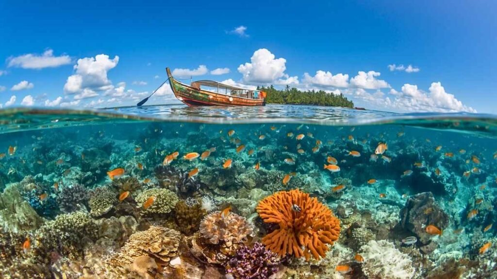 Underwater view of pristine coral reef in Indonesia's Togean Islands with diverse tropical fish — one of the world's most unexplored places to visit