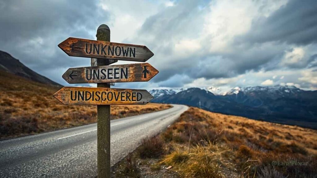 Weathered wooden signpost pointing to multiple unknown destinations on a mountain road — symbolising off the beaten path travel