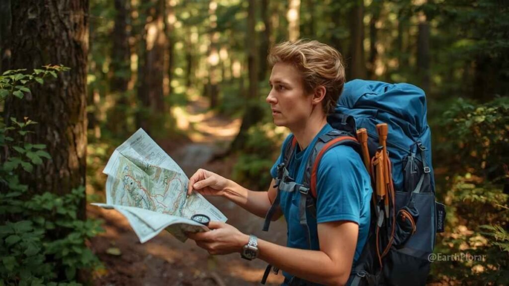 Hiker stopped on a forested trail studying a topographic map and compass — lost in the woods navigation survival tip
