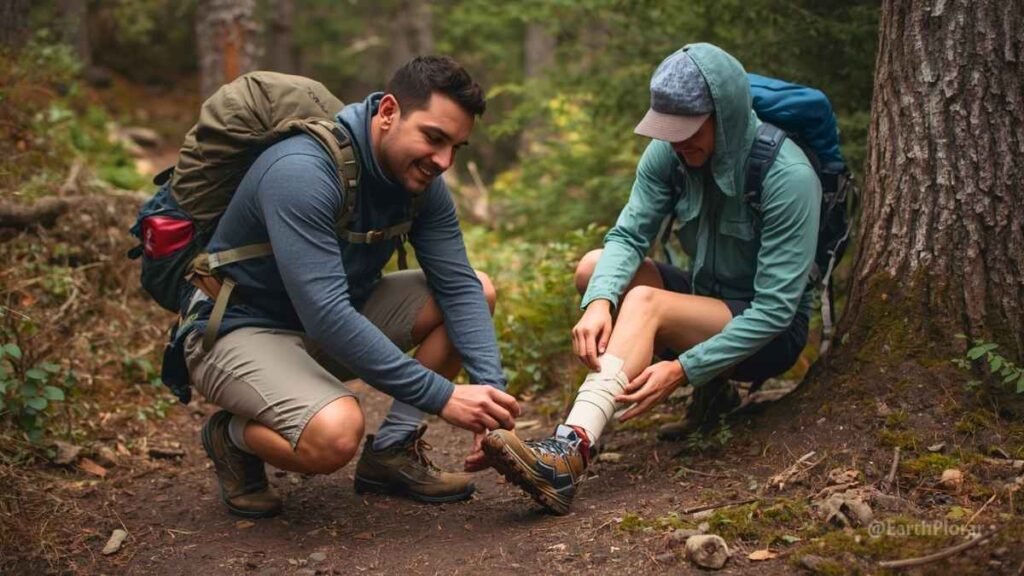 Two hikers practicing wilderness first aid by applying a splint to an ankle on a forest trail — outdoor emergency preparedness