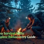 Lone hiker building a campfire at dusk in a dense pine forest — wilderness survival skills in action