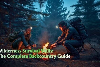 Lone hiker building a campfire at dusk in a dense pine forest — wilderness survival skills in action