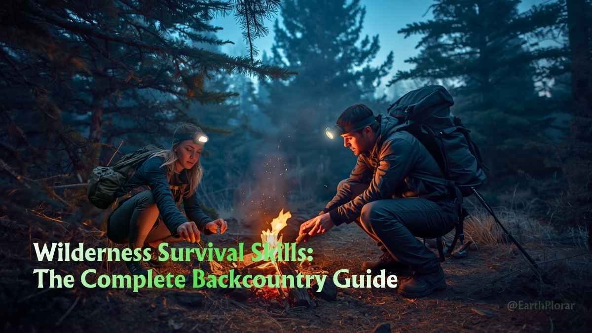 Lone hiker building a campfire at dusk in a dense pine forest — wilderness survival skills in action