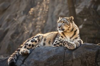 Snow leopard resting on a rocky Himalayan outcrop in natural habitat — ethical wildlife photography for biodiversity conservation