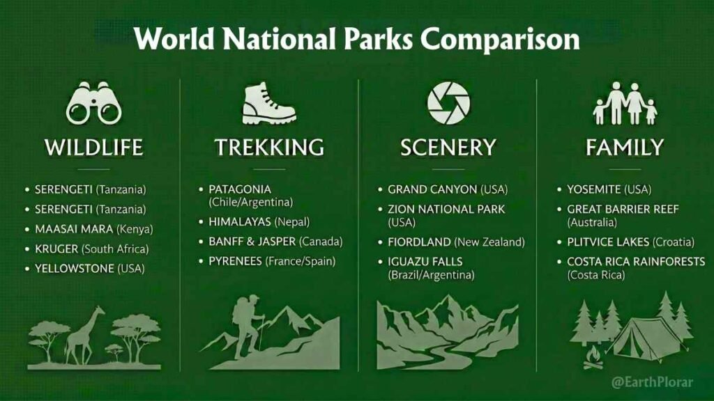 Infographic comparing the best national parks in the world by category — wildlife, trekking, scenery, and family travel