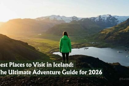 A solo hiker in a green waterproof jacket stands on a volcanic ridge overlooking one of the Best Places to Visit in Iceland at golden hour