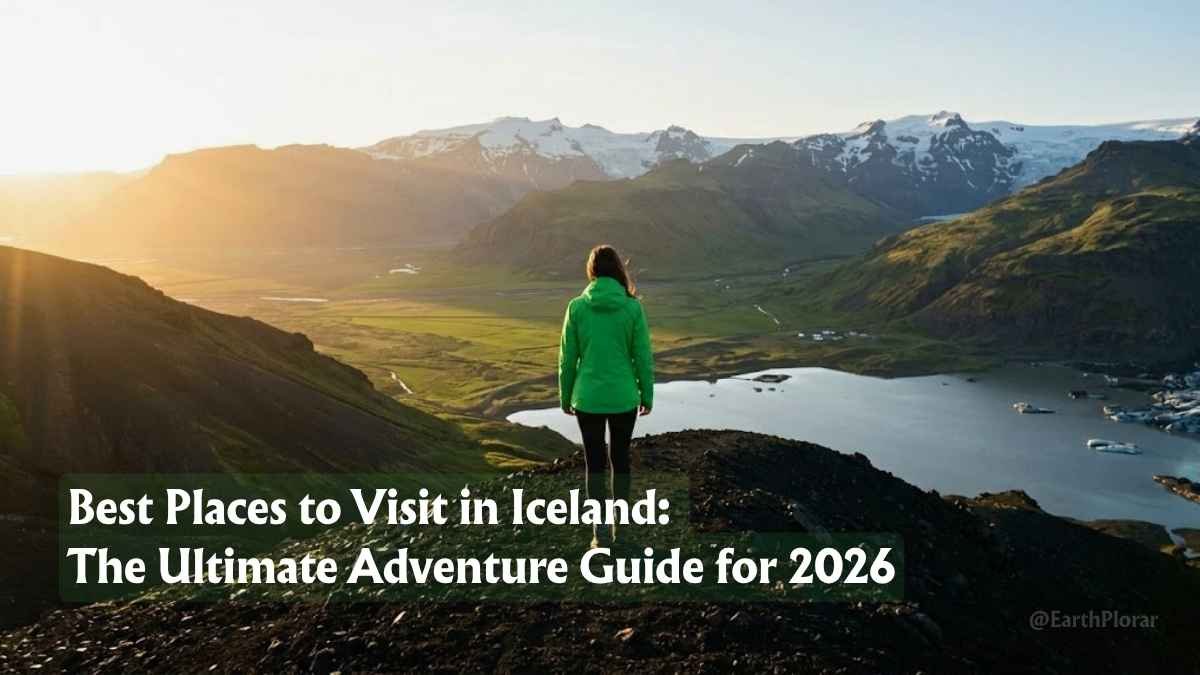 A solo hiker in a green waterproof jacket stands on a volcanic ridge overlooking one of the Best Places to Visit in Iceland at golden hour