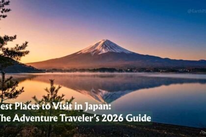 Wide panoramic view of Mount Fuji reflected in Kawaguchiko Lake at golden hour, best places to visit in Japan