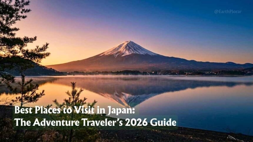 Wide panoramic view of Mount Fuji reflected in Kawaguchiko Lake at golden hour, best places to visit in Japan