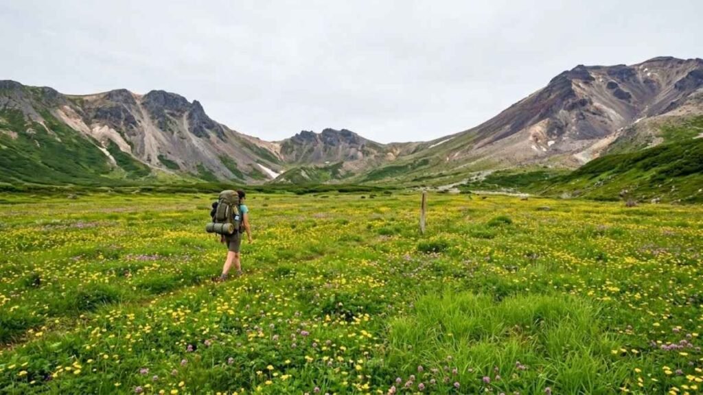 Solo hiker crossing alpine meadow in Daisetsuzan National Park Hokkaido, Japan wilderness adventure summer