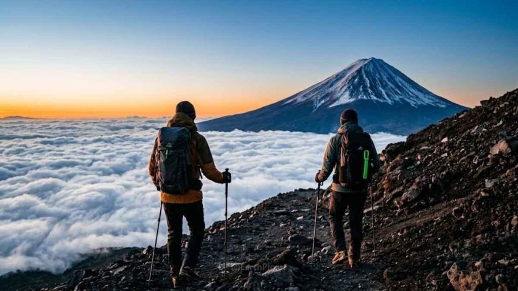 Two hikers ascending the Yoshida trail on Mount Fuji above the cloud line at sunrise, Japan mountain adventure